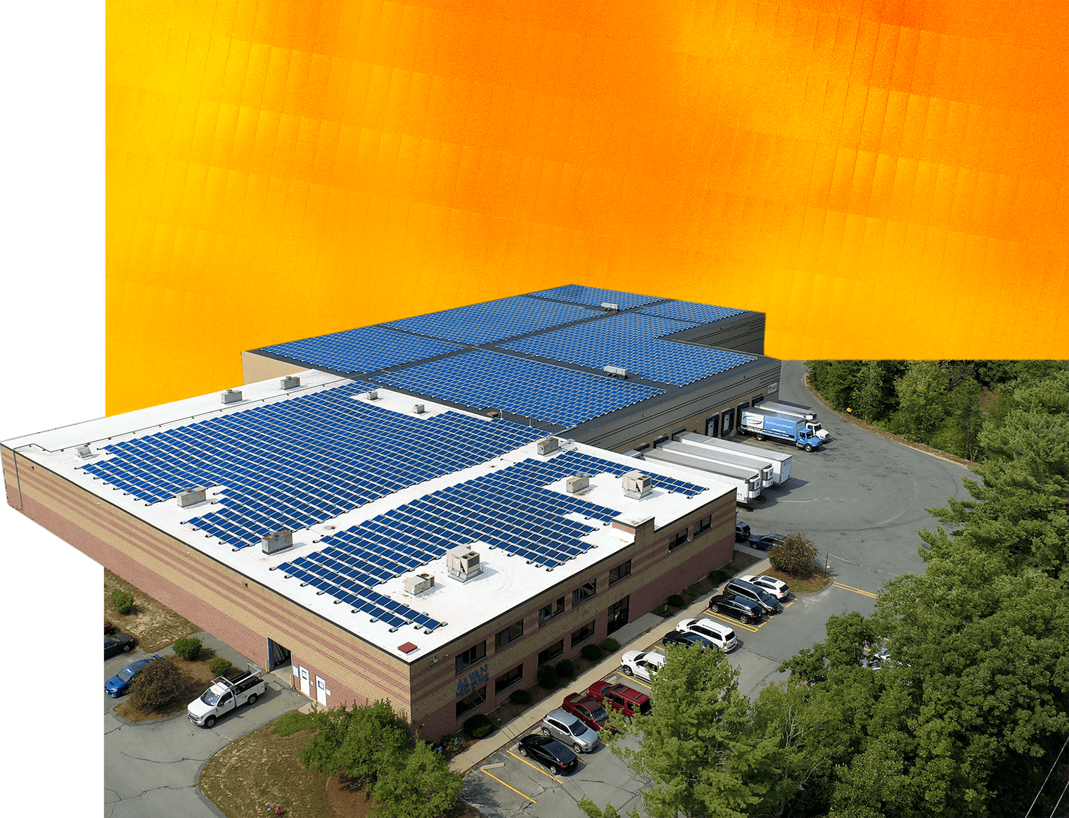 Commercial building rooftop with solar panels
